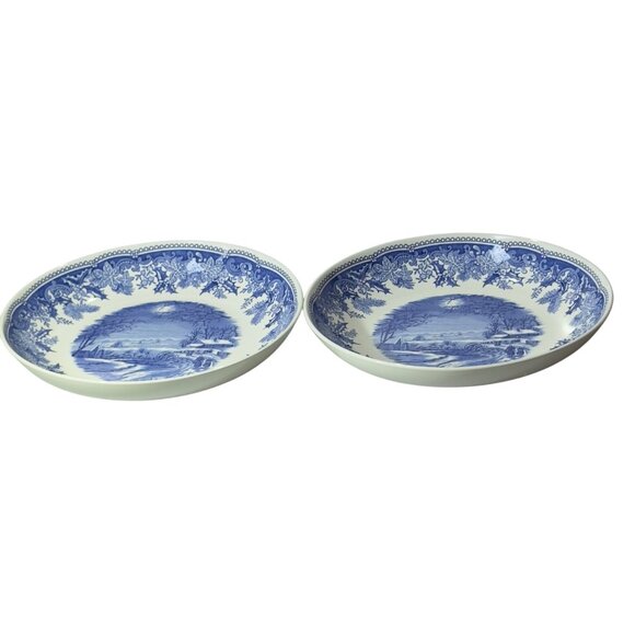 Spode Winters Eve Blue & White 9" Round Camilla Individual Pasta Bowls - Picture 4 of 11